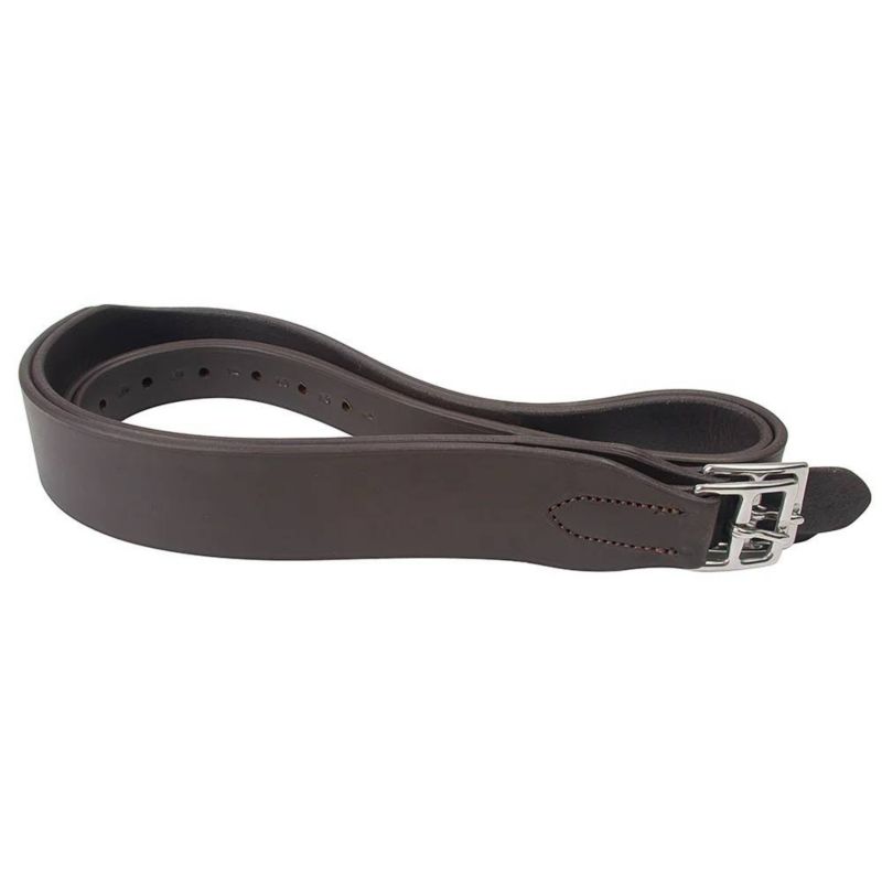 Brown stirrup leathers with metal buckle, rolled up neatly.