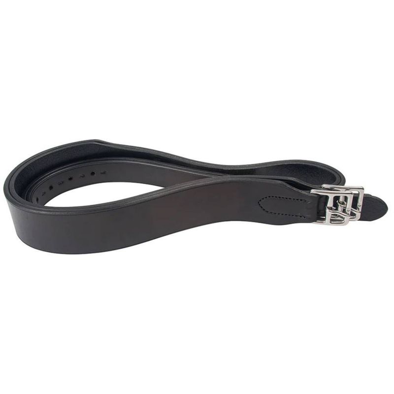 Black stirrup leathers with silver buckle on white background.