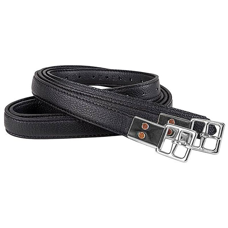 Black stirrup leathers with metal buckles displayed against white background.