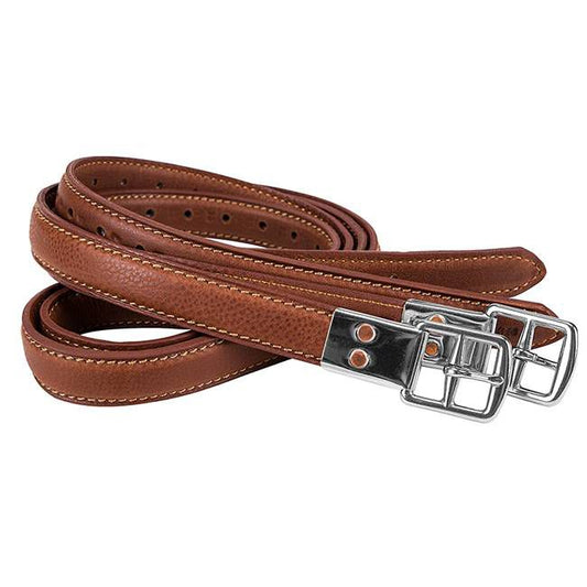 Brown leather stirrup leathers with silver buckles and stitching.