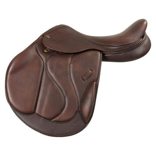 "Harry Dabbs brown leather showjumping saddle with ergonomic design."