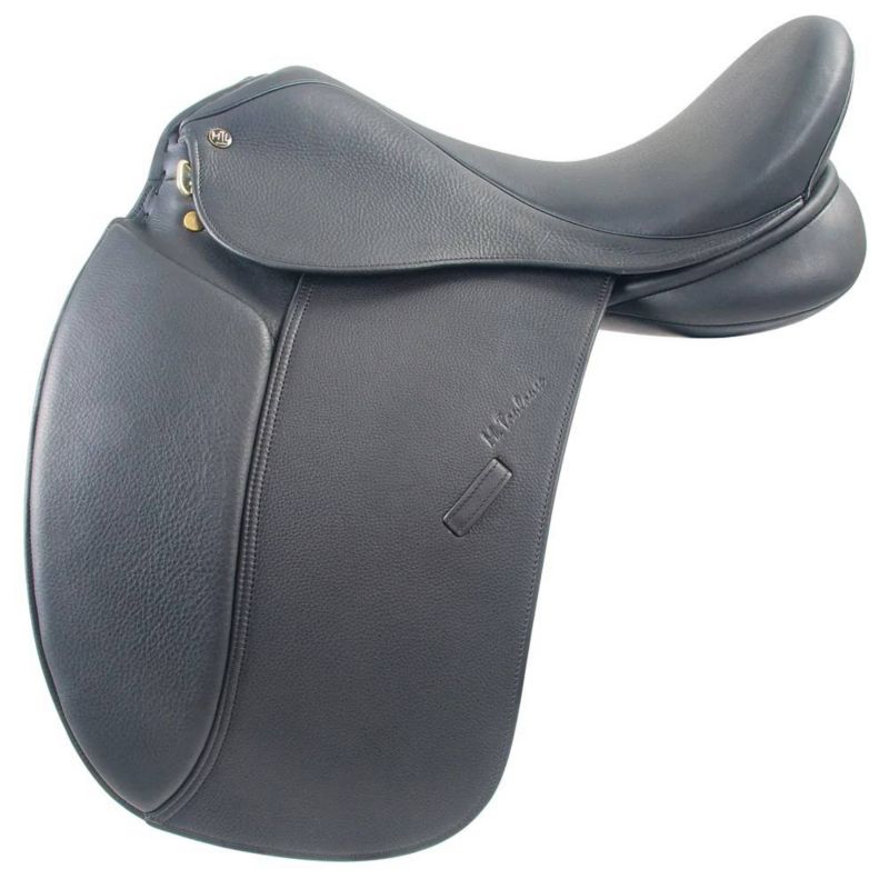 "M.W. black leather dressage saddle with gold accents."