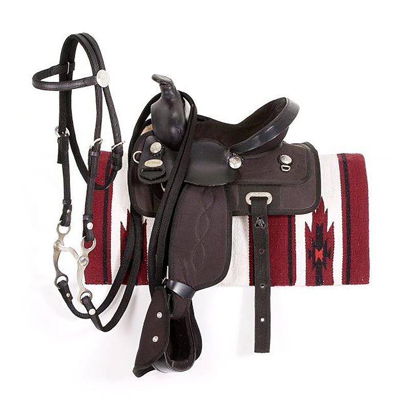 Black western saddle with bridle on red patterned blanket.