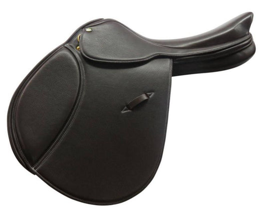 Black leather showjumping saddle with elegant stitching pattern.