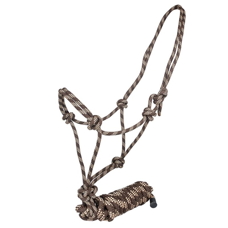 Brown and beige patterned rope halter with multiple knots.