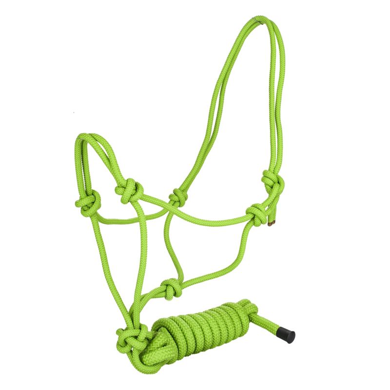 Bright green rope halter with intricate knot design.