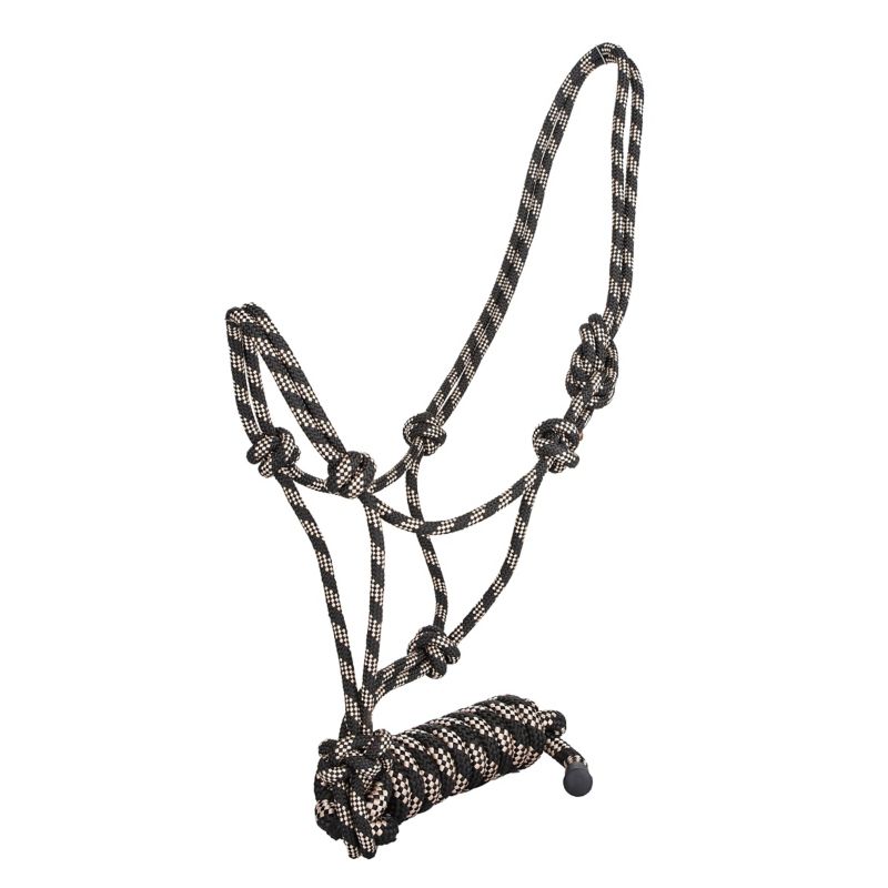 Black and white braided rope halter with multiple knots.