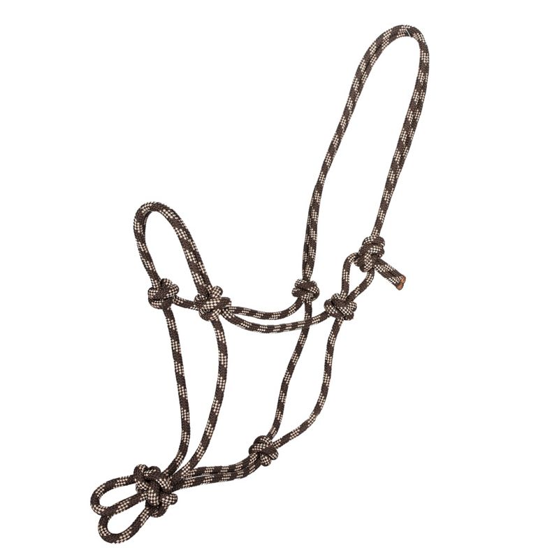 Black and white knotted rope halter against a white background.