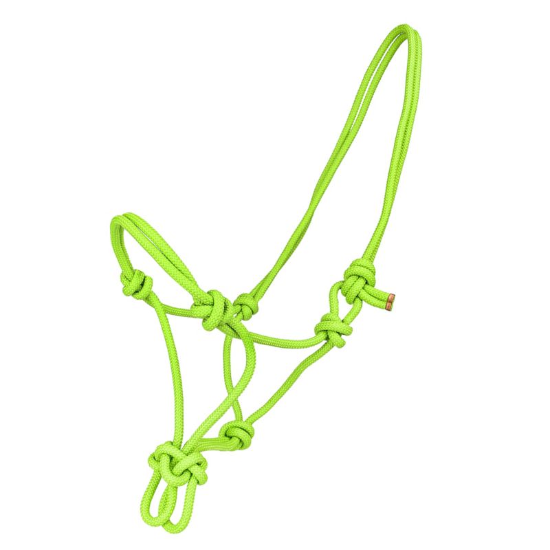 Bright green rope halter with knotted design and loops.