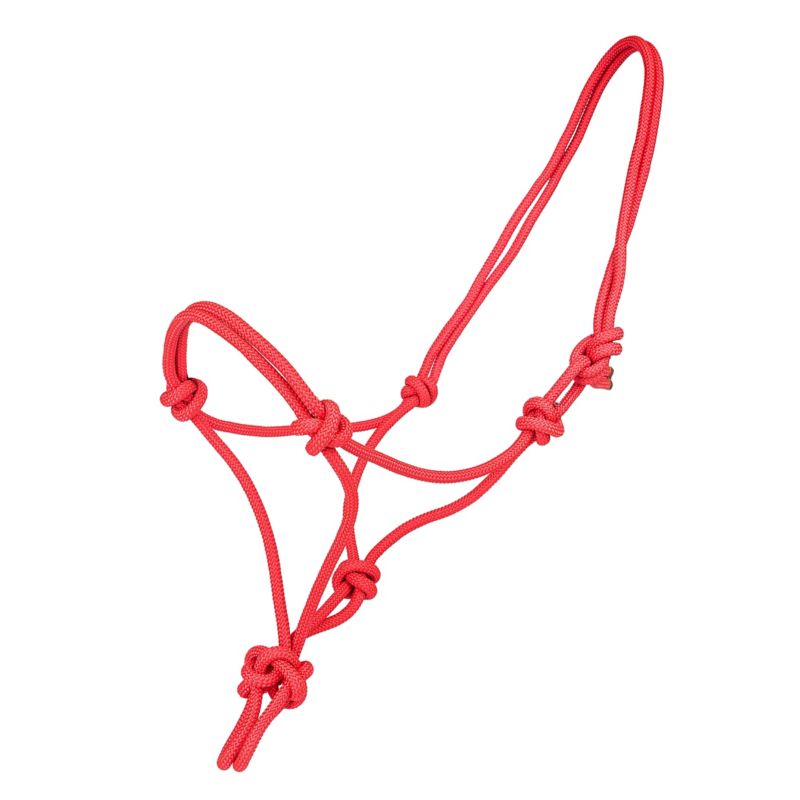 Red rope halter with adjustable knots, arranged against white background.