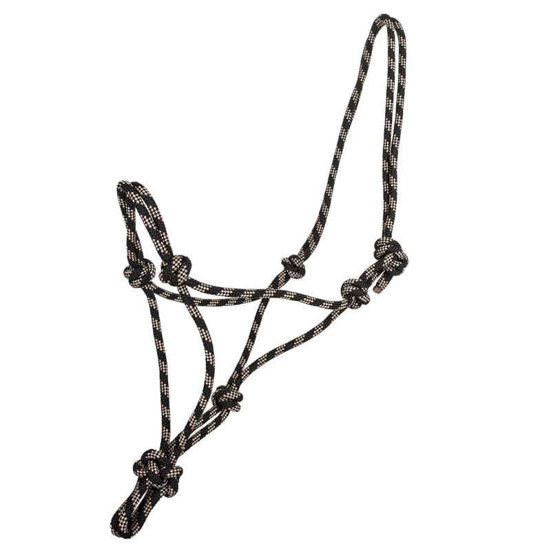 Black and white rope halter with multiple adjustable knots.