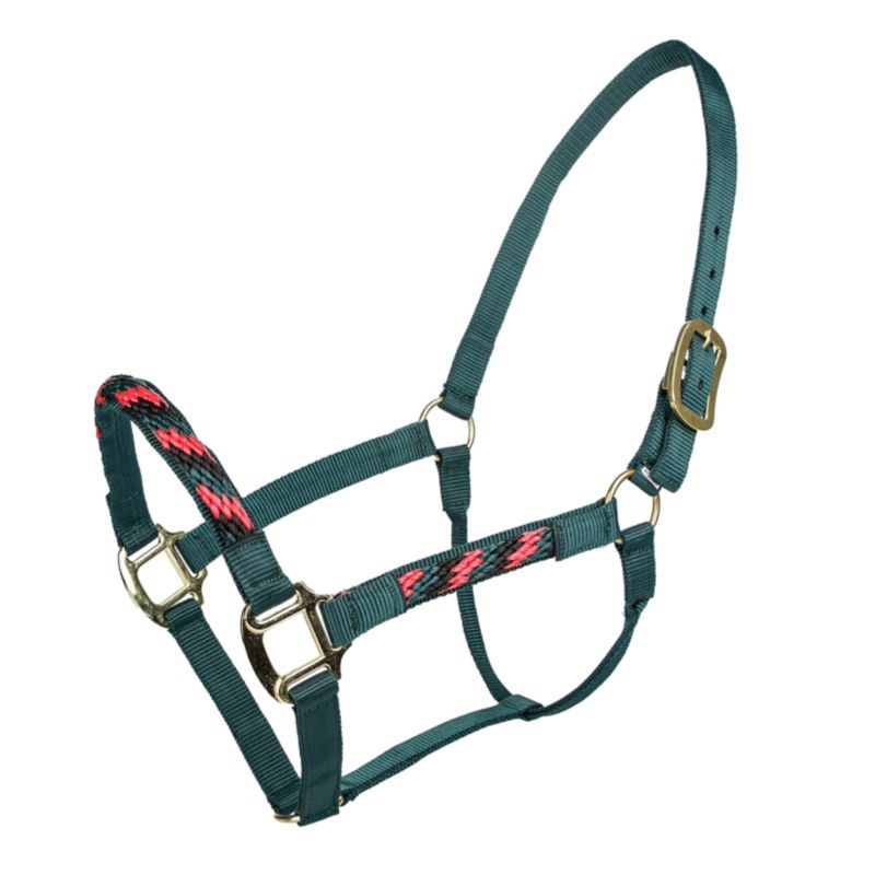 Green and red woven rope halter with metal buckles.