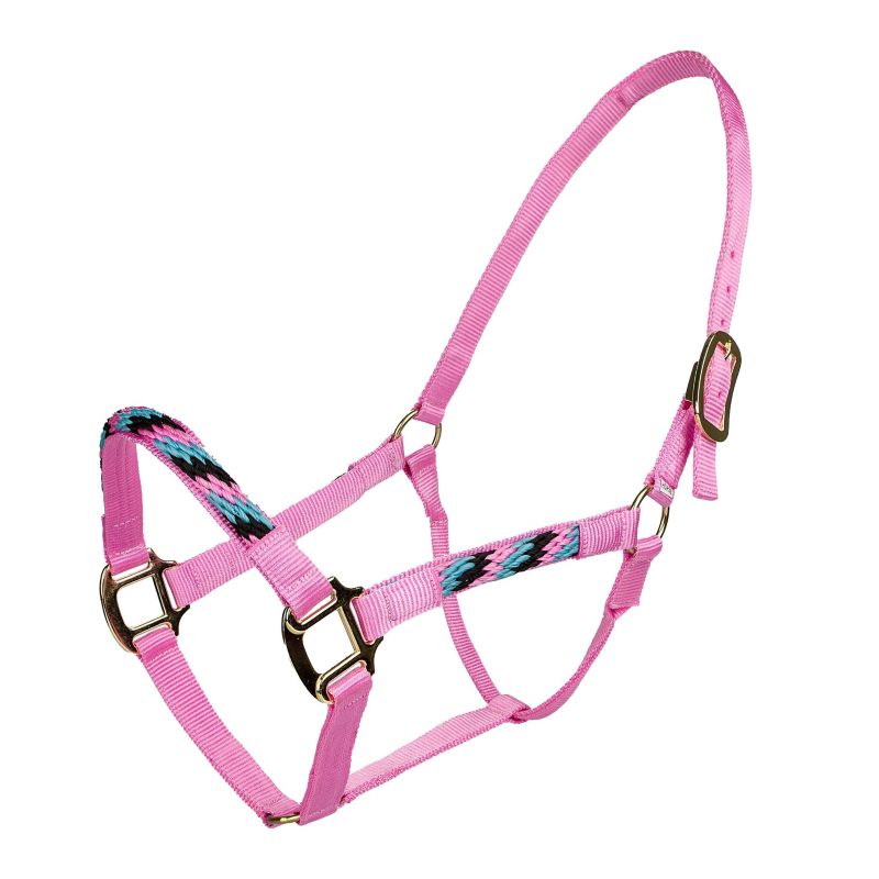 Pink rope halter with colorful woven accents and brass hardware.