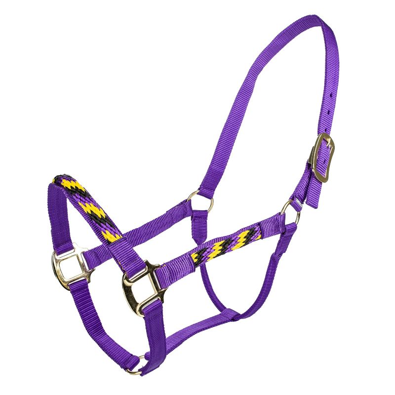 Purple rope halter with yellow and black patterned design.