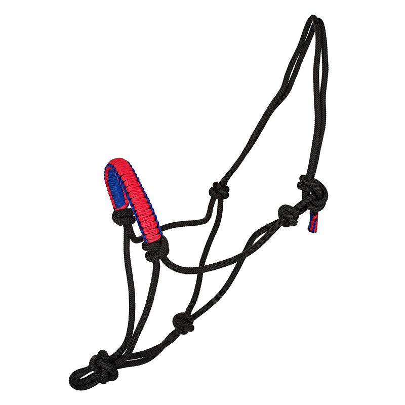 Black rope halter with blue and red woven accents.