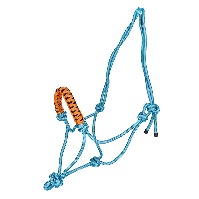 Blue rope halter with orange and black noseband accent.