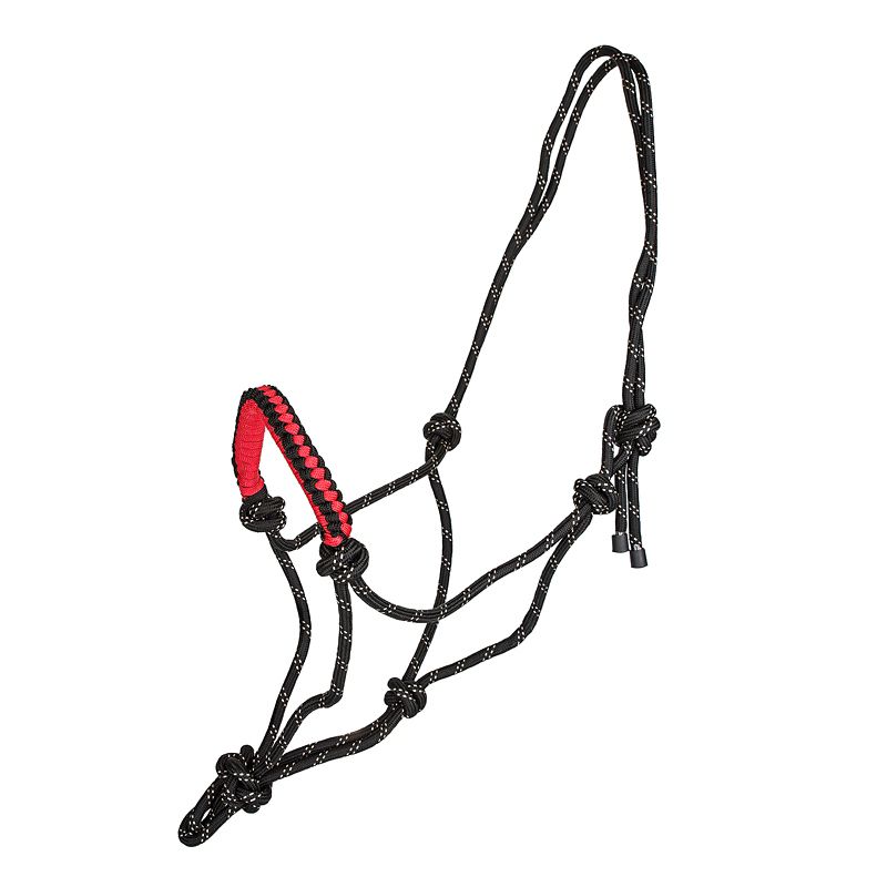 Black and red rope halter with knots and loops.