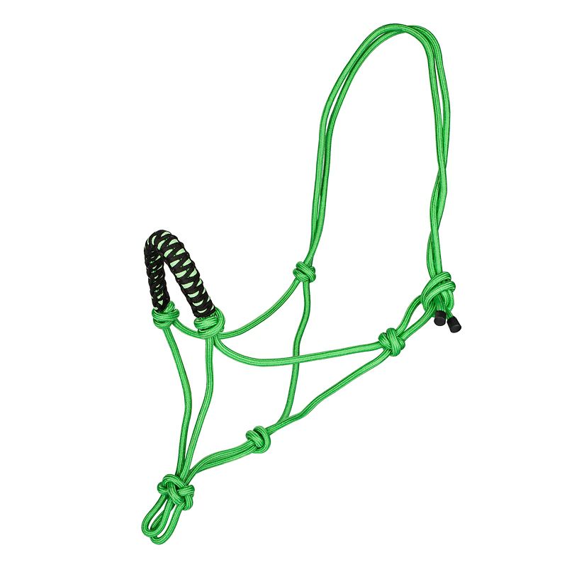 Green rope halter with a black braided noseband section.