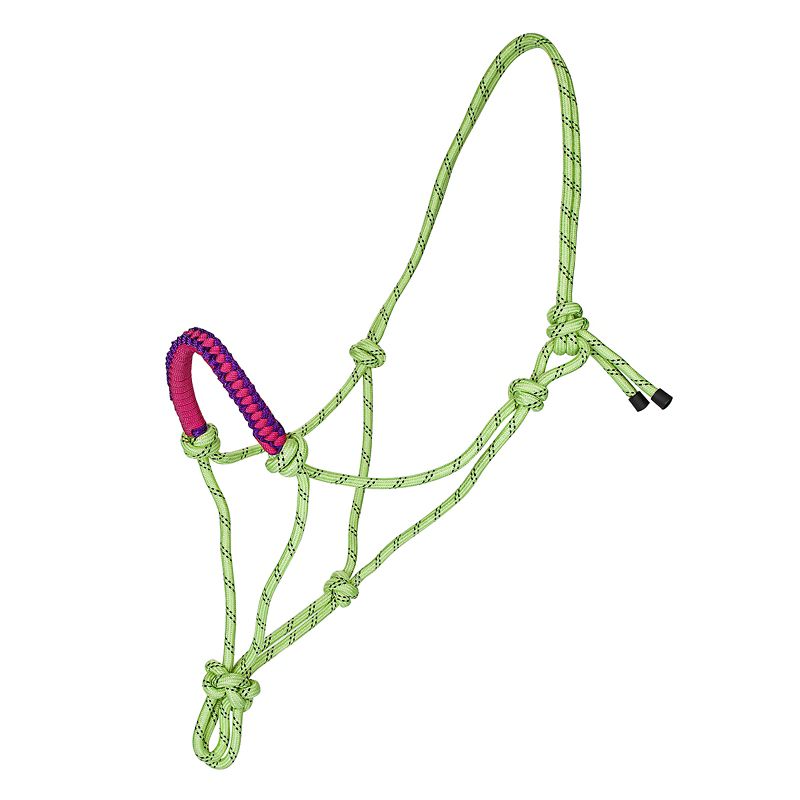 Green rope halter with a pink and purple noseband.