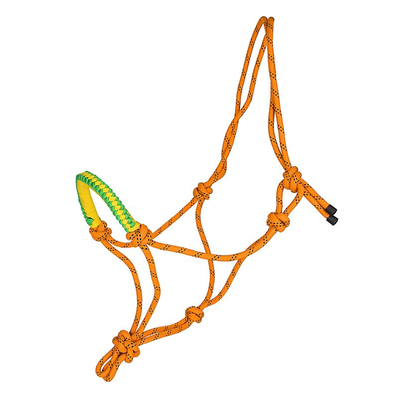 Bright orange rope halter with green and yellow accents.