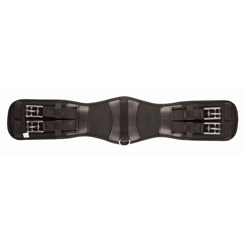 Alt text: Collegiate brand black horse girth with multiple buckles, isolated.