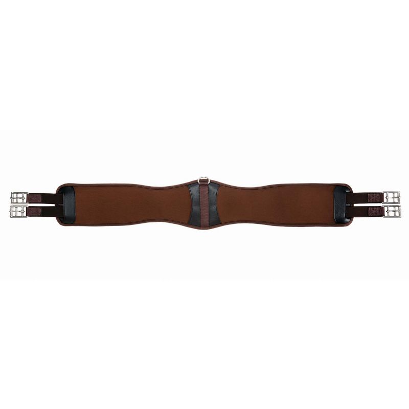 Collegiate brand brown leather horse girth with silver buckles.