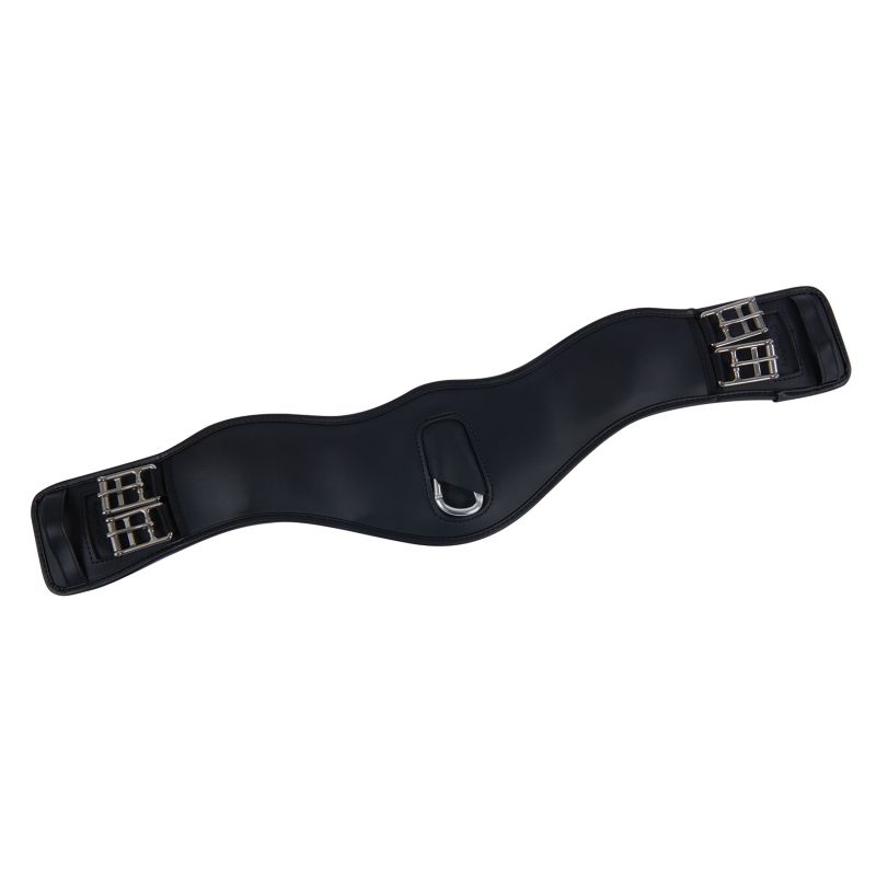 Collegiate brand black contoured leather horse girth on white background.