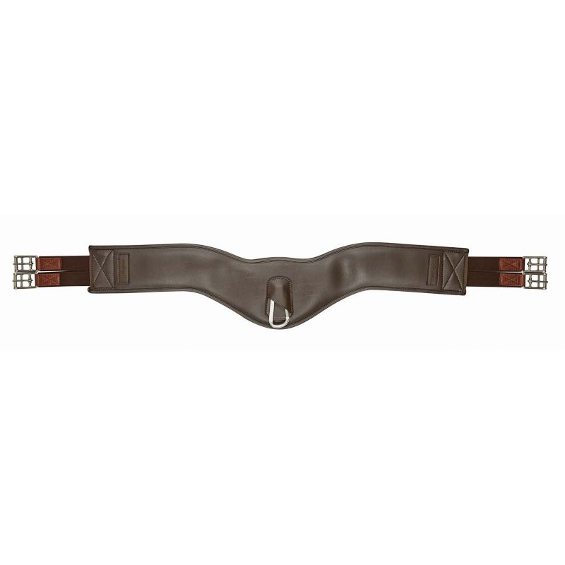 Collegiate brand brown contoured leather horse girth belt isolated.