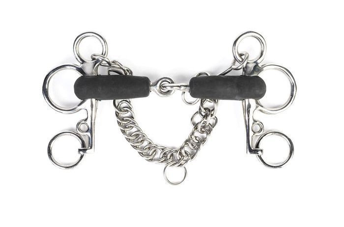 Silver pelham bit with black rubber mouthpieces and chain.