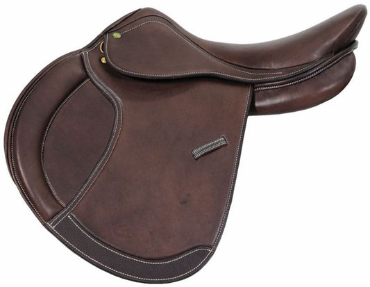 Brown Wintec showjumping saddle with white stitching details.