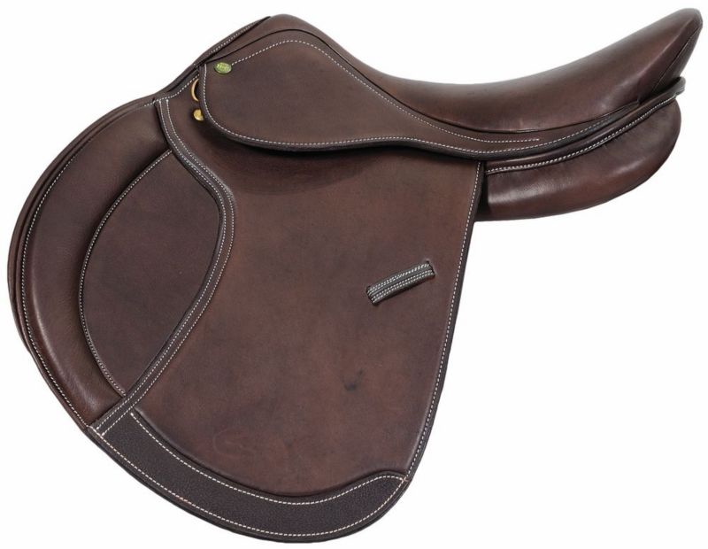 "Brown leather showjumping saddle with contrast stitching by Farris."