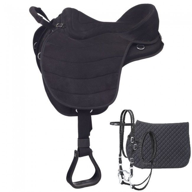 Black western saddle with stirrup, reins, and matching pad.