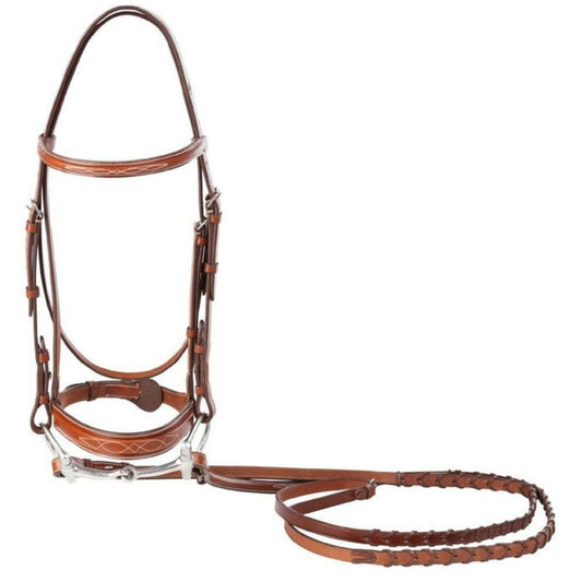 Brown leather English bridle with intricate stitching, adjustable reins.