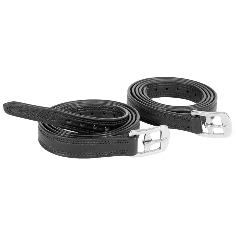 Black stirrup leathers with metal buckles on white background.