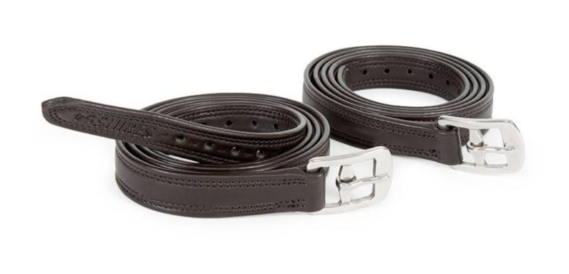 Dark brown stirrup leathers with silver buckles, brand: Scharf.