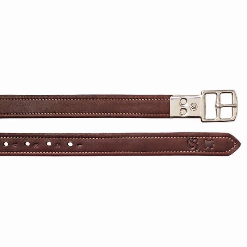 Brown stirrup leathers with buckle and multiple adjustment holes.