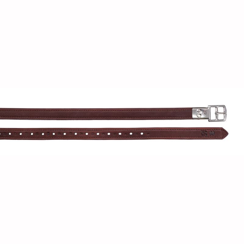 Brown stirrup leathers with silver buckle and multiple holes.