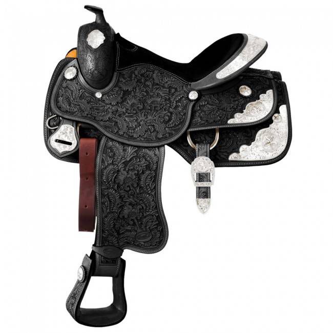 Ornate black western saddle with intricate silver and leather details.