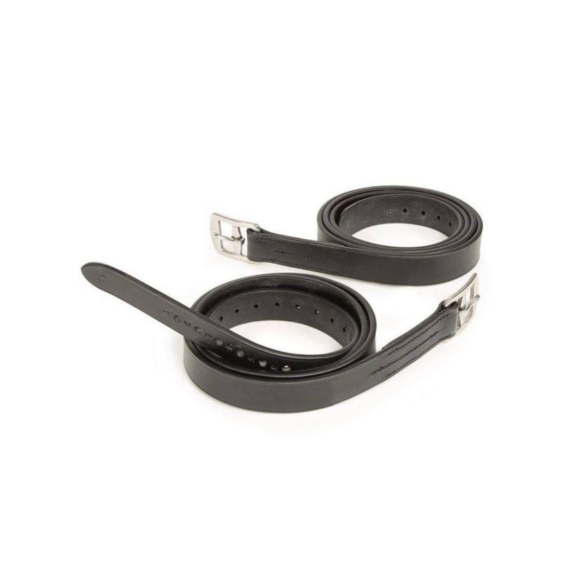 Black stirrup leathers with silver buckles on white background.