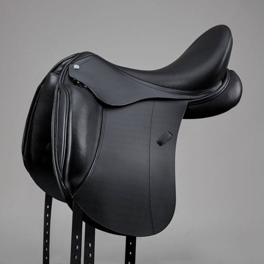 "Black Prestige Italia dressage saddle, side profile view."