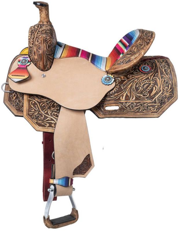 Intricately designed western saddle with colorful and detailed accents.