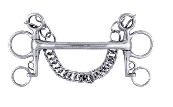 Silver metal pelham bit with chain and multiple rings.