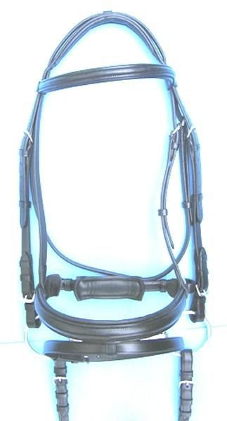 Black leather dressage bridle with silver buckles and stitching.