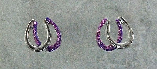 Silver horseshoe-shaped earrings with purple accents, horse themed jewelry.