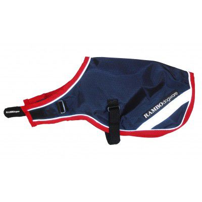 Horseware branded blue and red Rambo dog coat on white background.