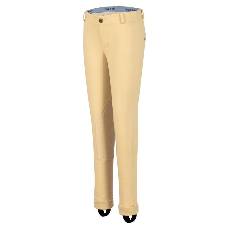 Alt text: Tuffrider brand tan equestrian breeches on white background.