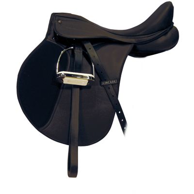 "Black all-purpose Wintec saddle with attached stirrups, side view."