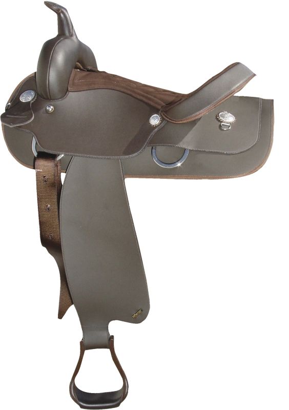 A brown leather Western saddle with stirrups and seat horn.