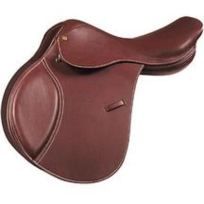 "Brown leather Exselle showjumping saddle with sleek design."