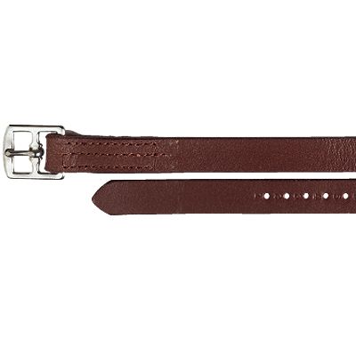 Brown stirrup leathers with silver buckle and multiple adjustment holes.